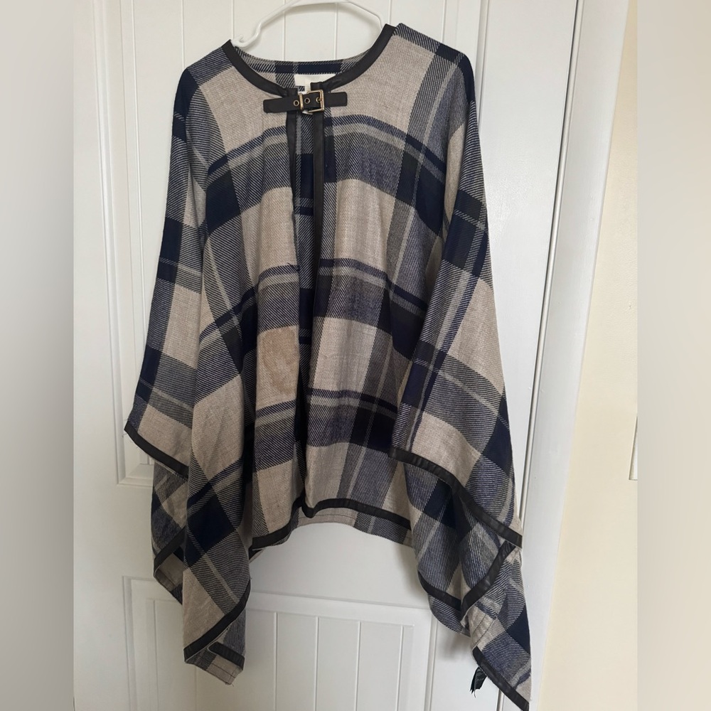 Plaid Poncho with Leather Trim and Buckle Detail